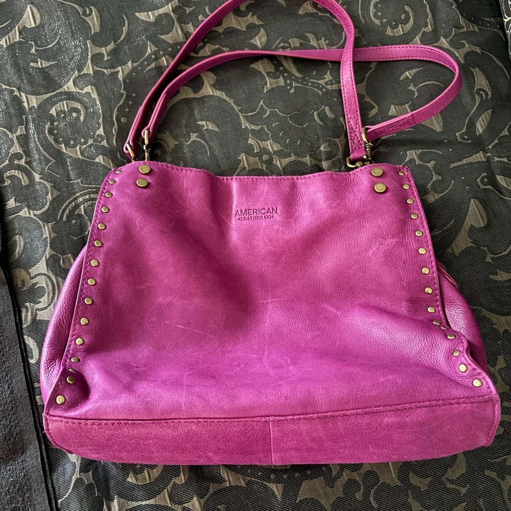 American Leather Co Lenox Triple Entry Studded Satchel in Mulberry